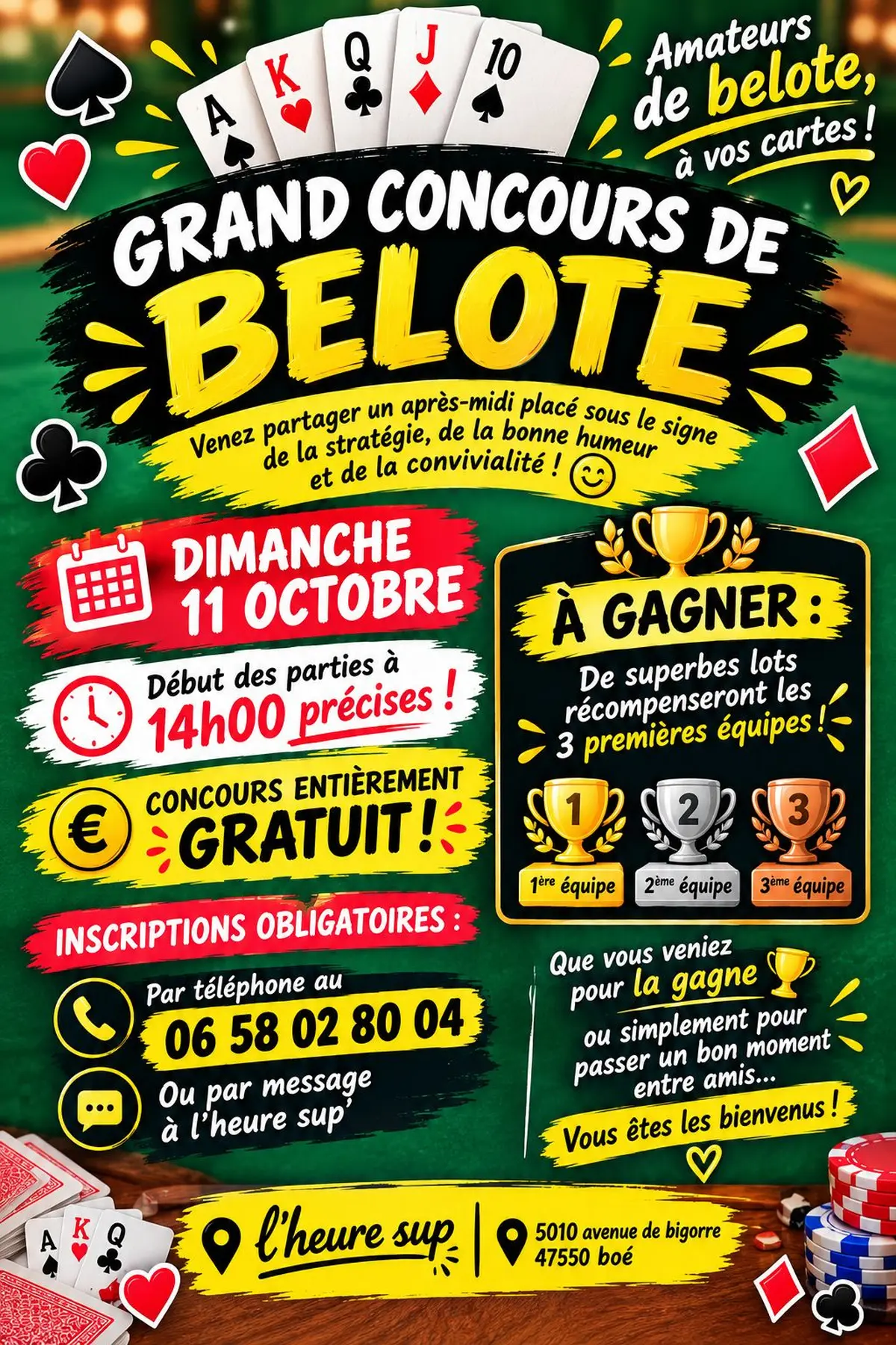 Concours de belote gratuit dimanche 11 Octobre 14h
