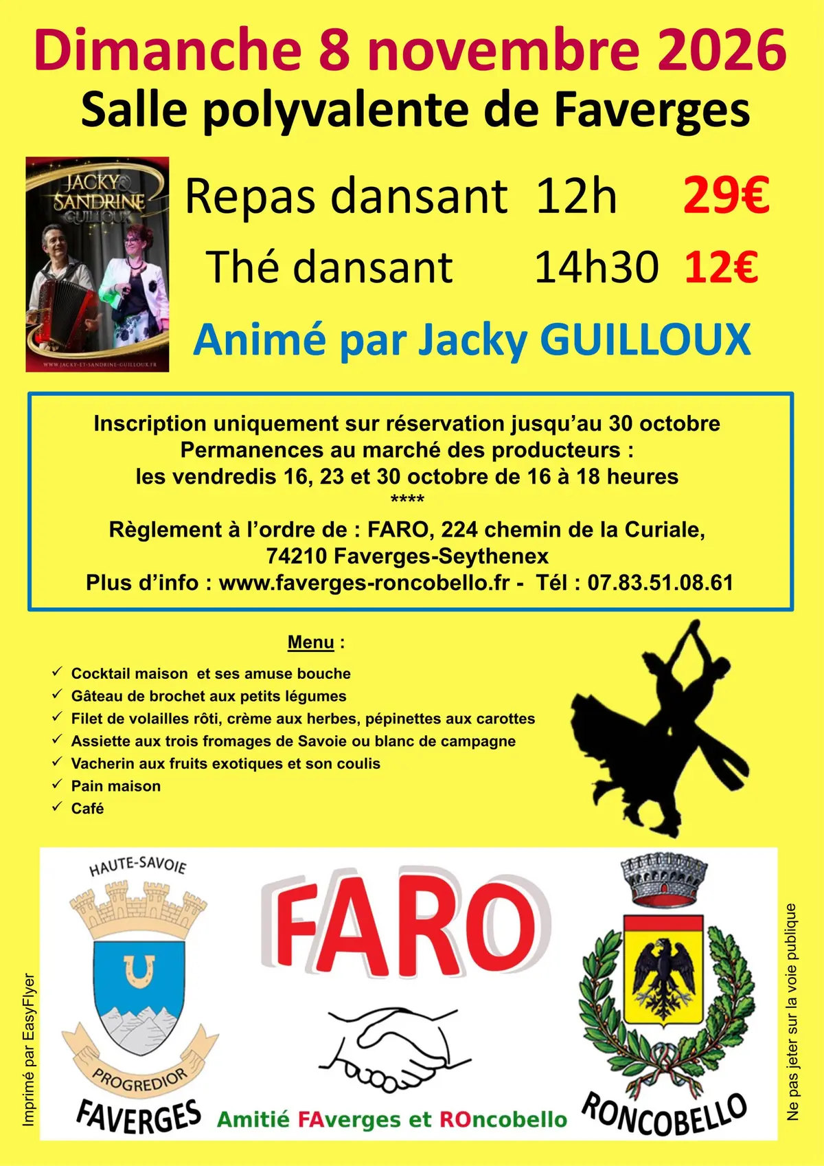 Repas dansant, thé dansant, le dimanche 8 novembre 2026 à Faverges 74210