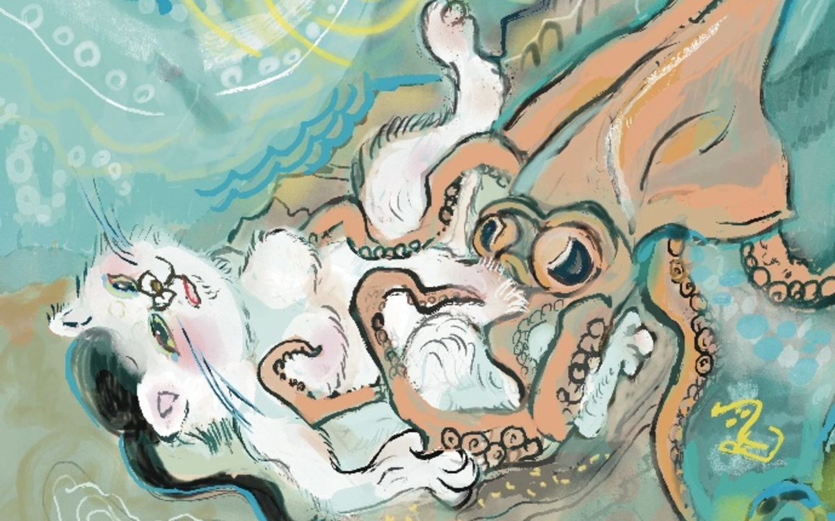 AAA_chan, clin d'œil au Rêve de la femme du pêcheur de Hokusai — la pieuvre devient calmar, la plongeuse devient chatte, 2026