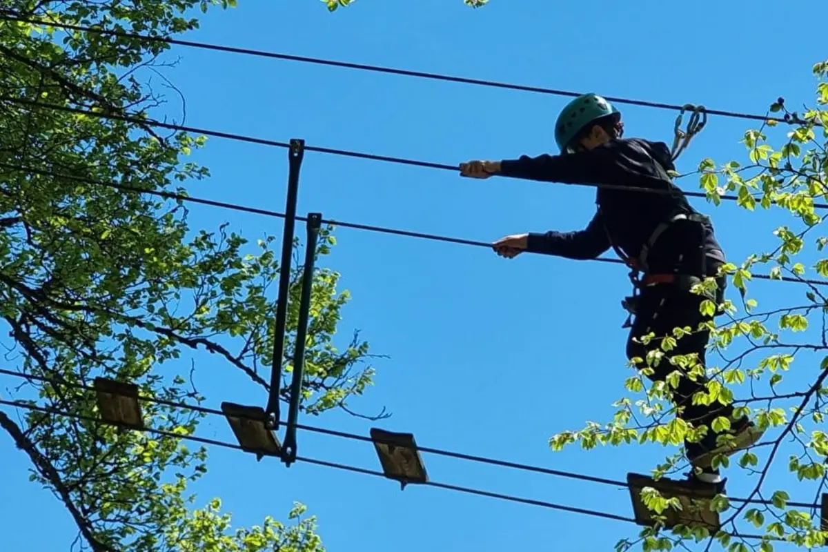 Personne munie d'un casque et d'un harnais naviguant sur un parcours de cordes en hauteur au milieu des arbres et d'un ciel bleu limpide.