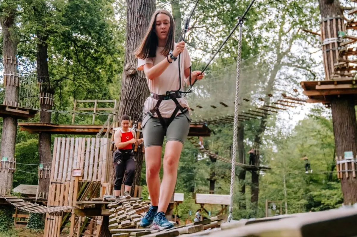 Deux personnes naviguent sur un pont de corde dans un parc d'aventure en forêt, harnachées et portant des équipements de sécurité. Des arbres et des plates-formes en bois les entourent.