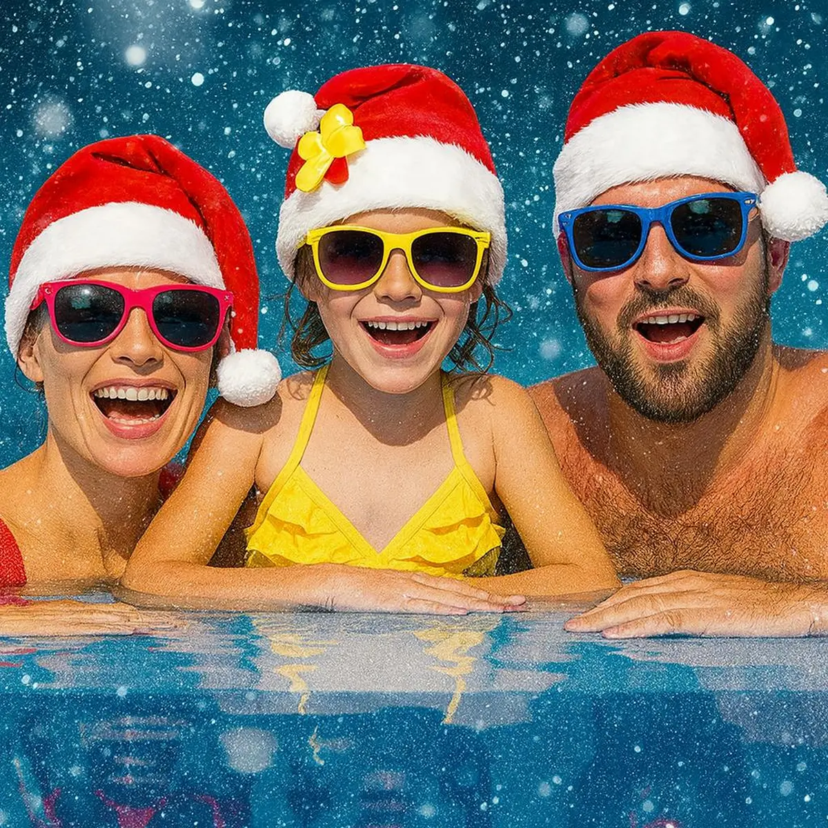 Une famille souriante portant des bonnets de Père Noël et des lunettes de soleil, accoudée au bord d'une piscine avec de l'eau et des flocons de neige en arrière-plan.