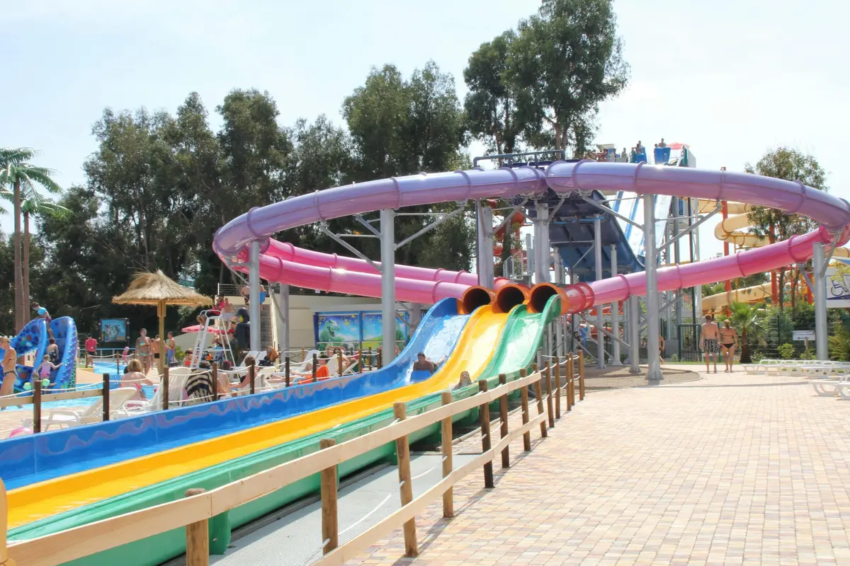 Toboggans color&eacute;s dans un parc aquatique en plein air avec des gens en arri&egrave;re-plan, entour&eacute;s d'arbres et d'une all&eacute;e pav&eacute;e.