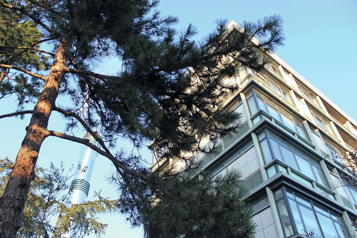 L'angle de l'immeuble façade sud et la cheminée de la chaufferie du quartier