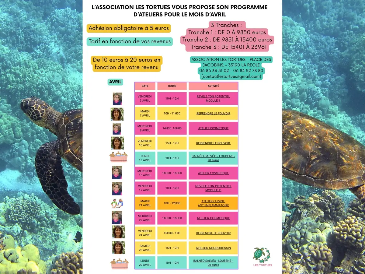 Association les tortues : Programme du mois d'Avril