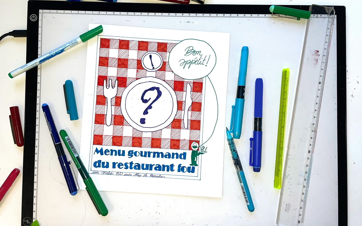 Photo du bureau-bd Menu gourmand du restaurant fou, dessin Alix Le Boucher, sept2026