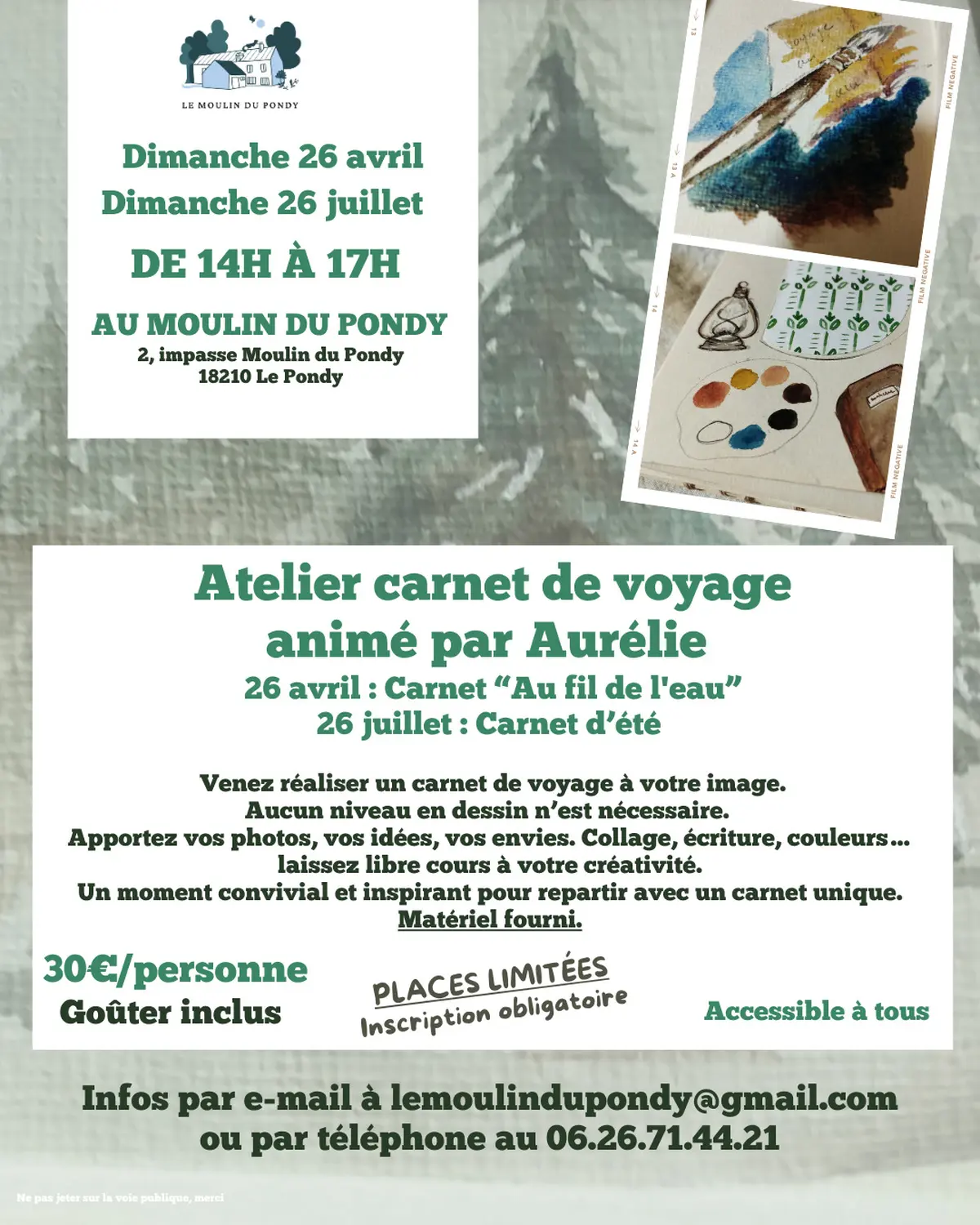 Atelier carnet de voyage au Moulin du Pondy