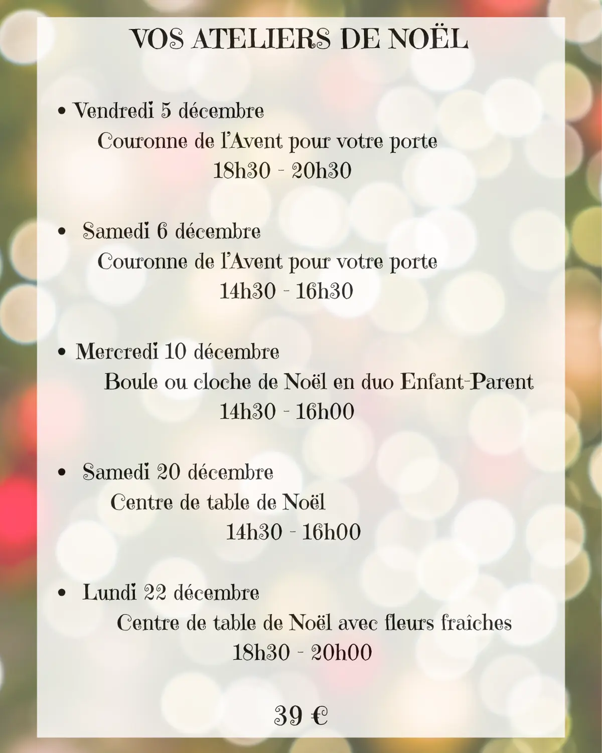 Atelier centre de table de Noël