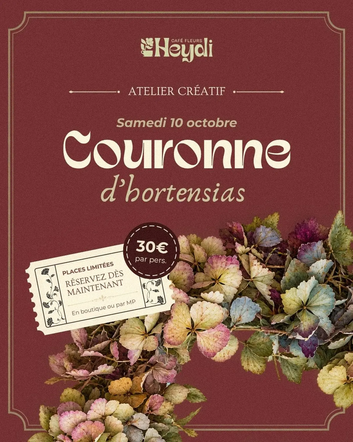 Atelier Couronne d'hortensias - Heydi Café Fleurs