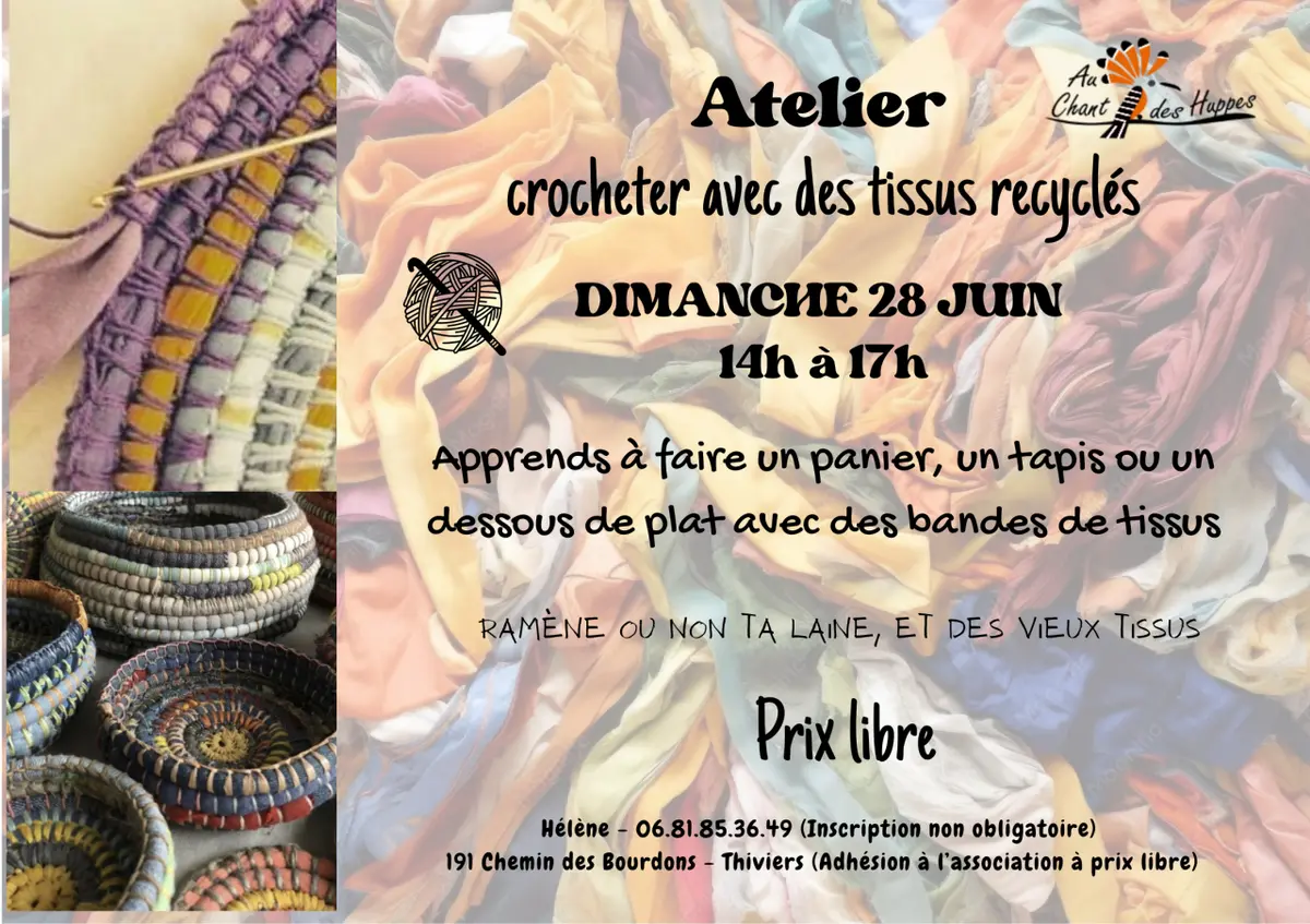 Atelier de crochet avec des tissus recyclés avec Hélène
