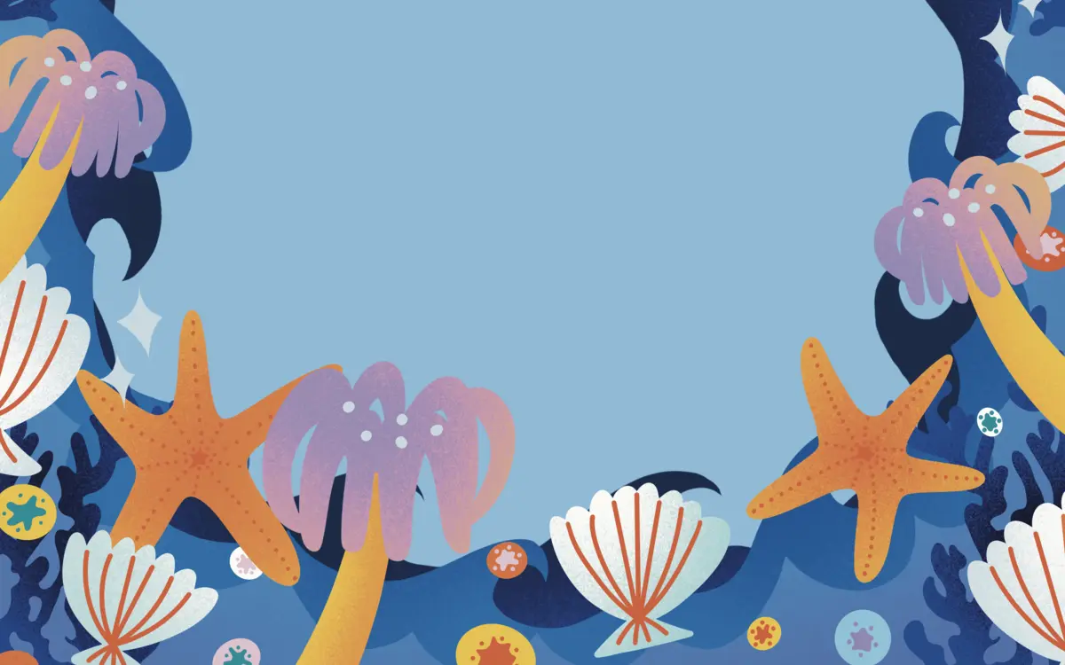 Dessin figuratif d'un fond marin avec des coquillages, des coraux, des étoiles de mer ainsi que de vagues qui viennent encadrer la composition.
