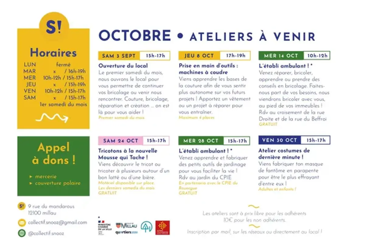 Atelier du mois d'octobre - collectif SNOOZ ( ateliers créatifs et pour le recyclage)