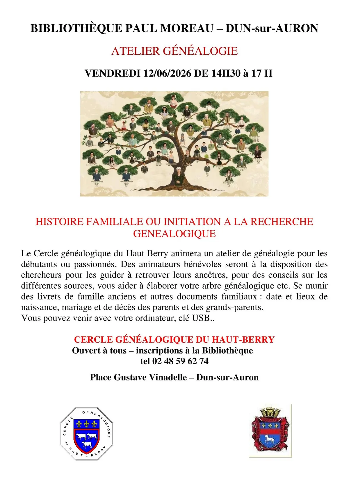 Atelier Généalogie organisé par la Bibliothèque Municipale de Dun-sur-Auron