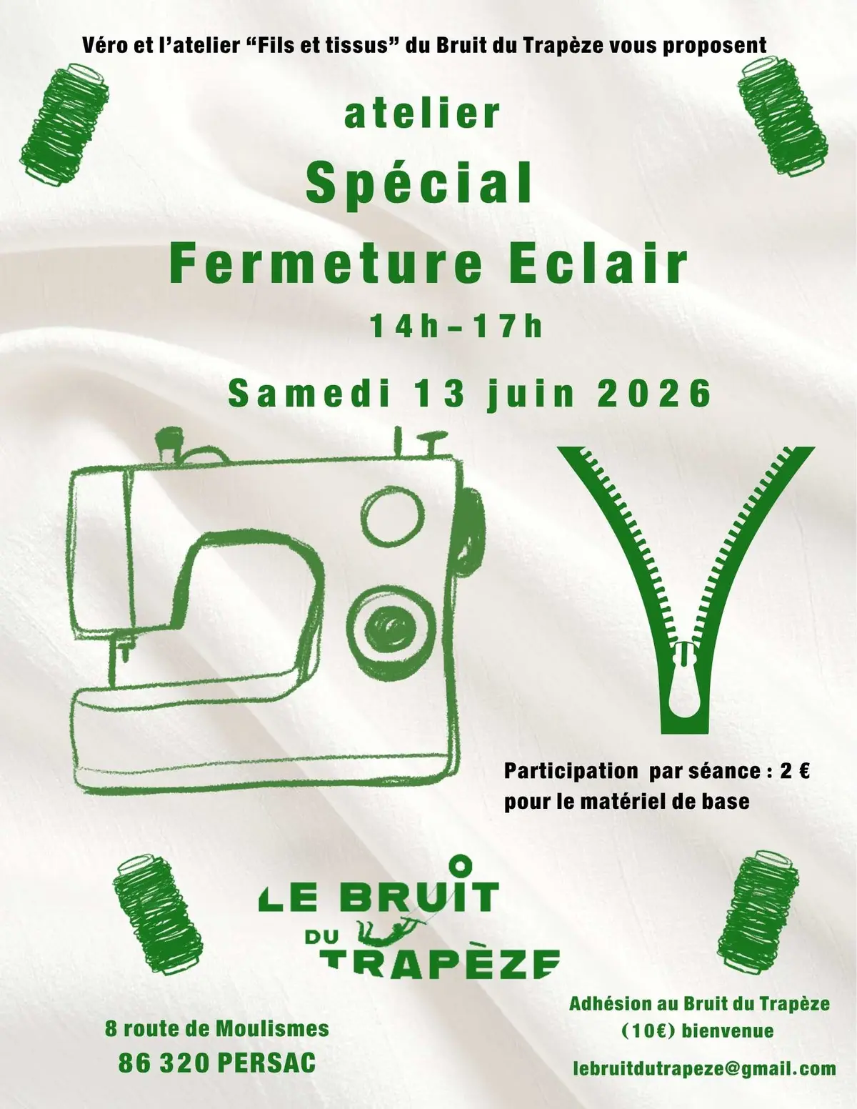 Atelier machine à coudre spécial fermeture éclair