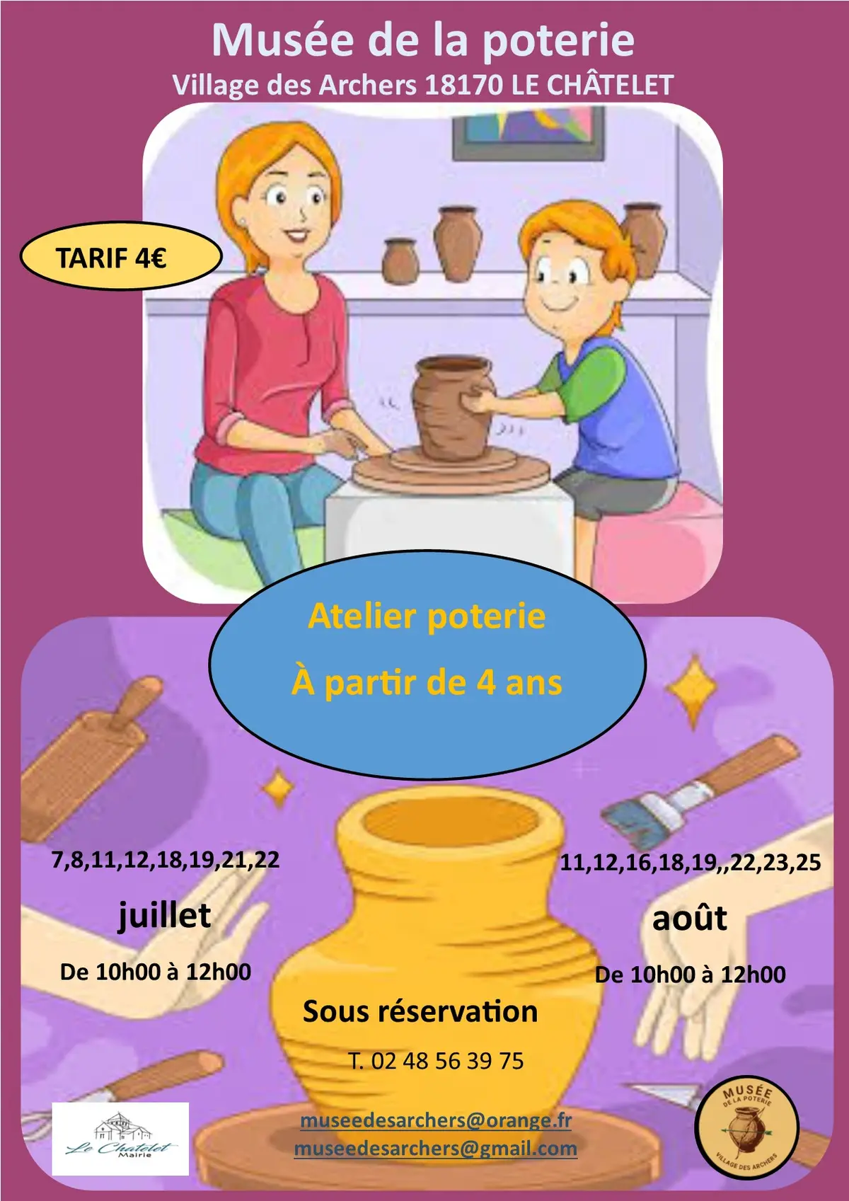 Atelier poterie enfants, en juillet , au musée de la poterie