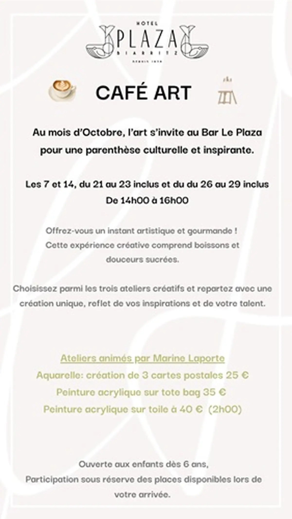 Ateliers artistiques  au Bar le Plaza