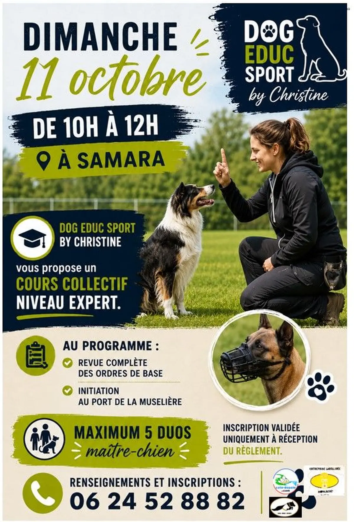 cours collectif canin ordres de base niveau expert et initiation à la muselière