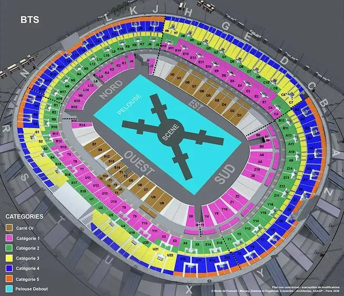 Plan du Stade de France pour les concerts de BTS en juillet 2026