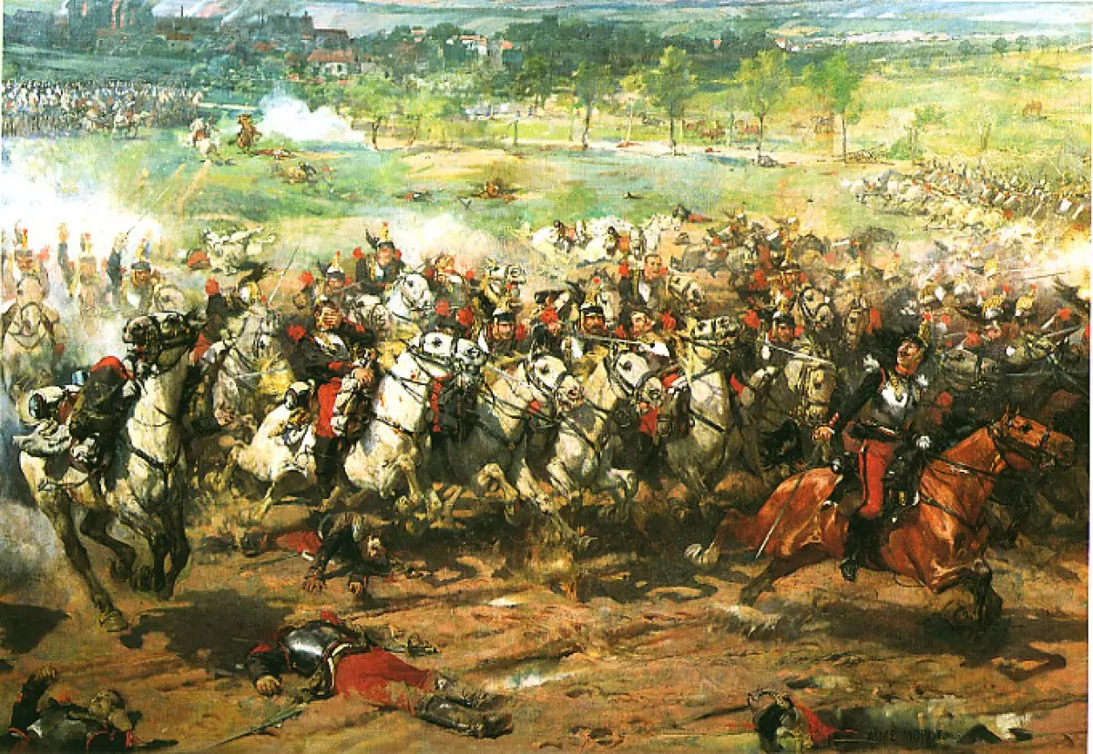 Une des multiples représentations de l'héroïque charge des cuirassiers, ici d'Aimé Morot