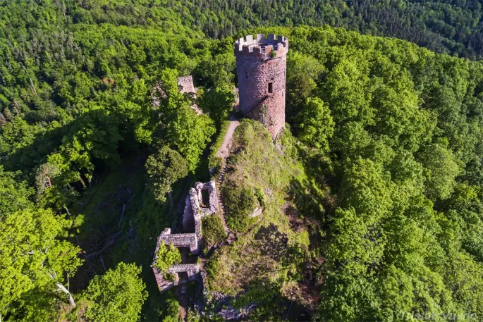 Vue aérienne du château du Haut Ribeaupierre