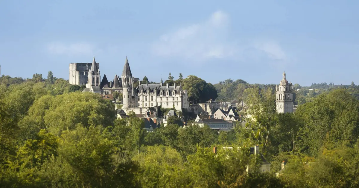 Vue panoramique d'un château historique et d'un village entouré d'arbres, avec un ciel bleu clair en arrière-plan.