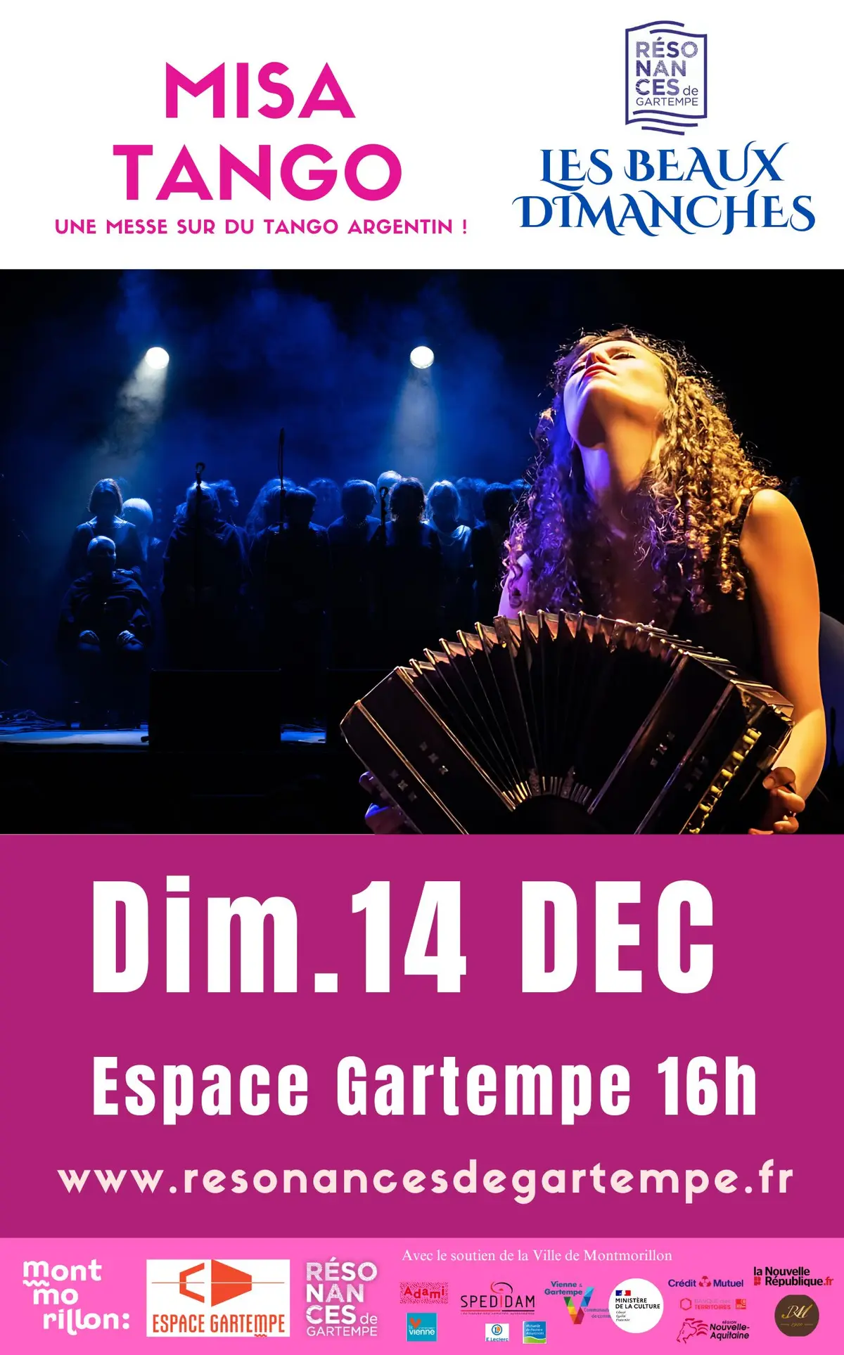 Concert Misa Tango & Piazzolla dans le cadre des Beaux Dimanches de la Ville de Montmorillon. 120 choristes et Fortecello Tango Project