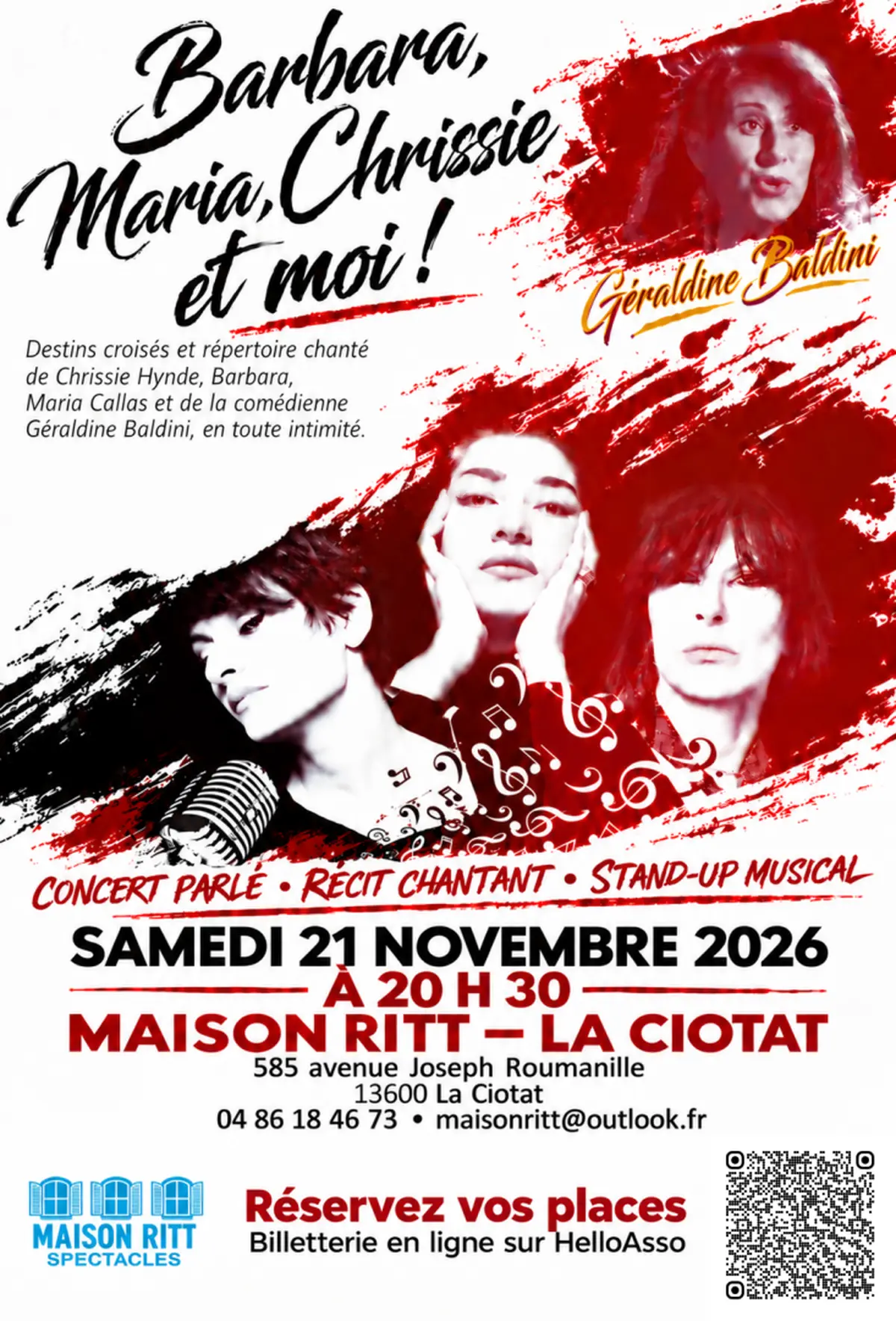 Concert parlé, récit chantant, stand-up : « Barbara, Maria, Chrissie et moi ! »