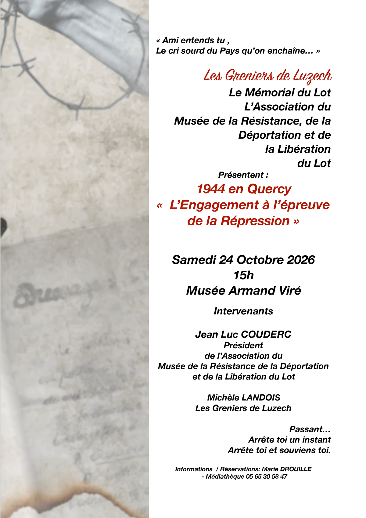 Conférence : 1944 en Quercy « L’Engagement à l’épreuve de la Répression »