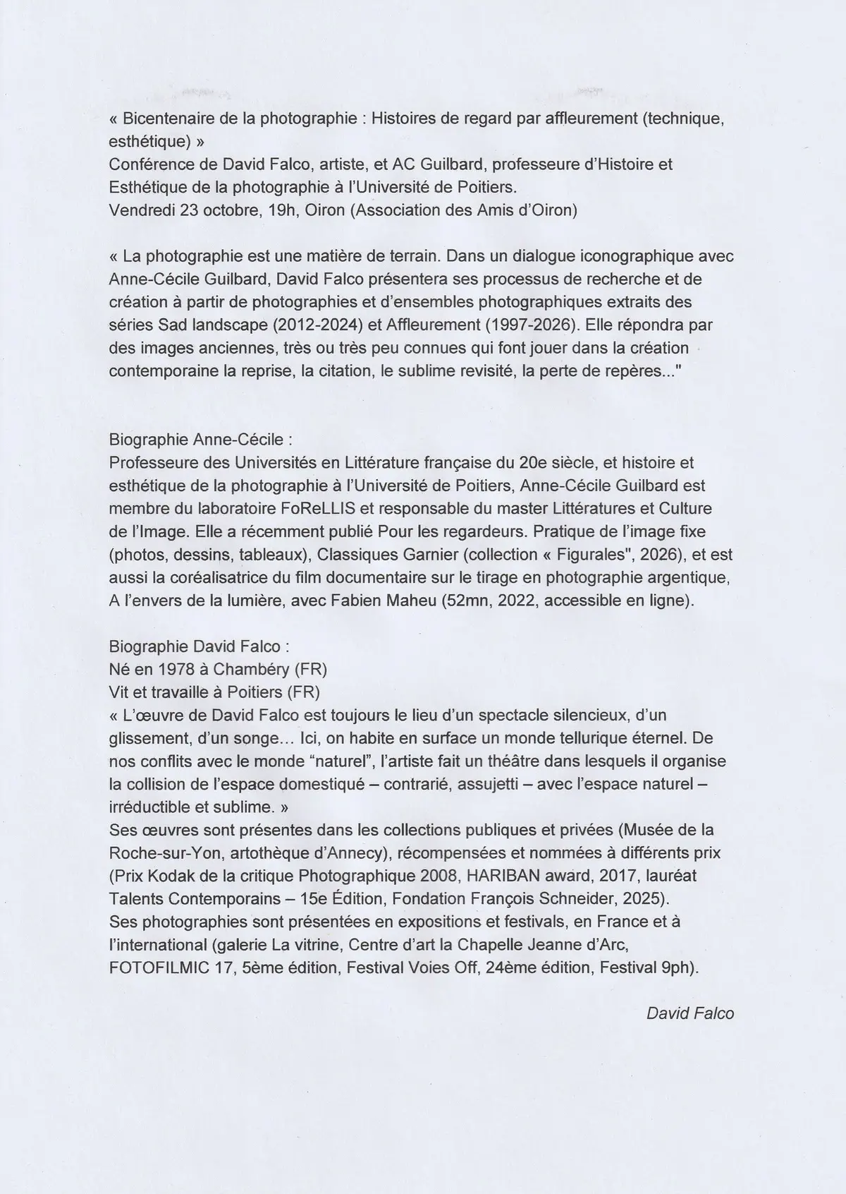 Conférence : Bicentenaire de la photographie « Histoires de regard par affleurement »