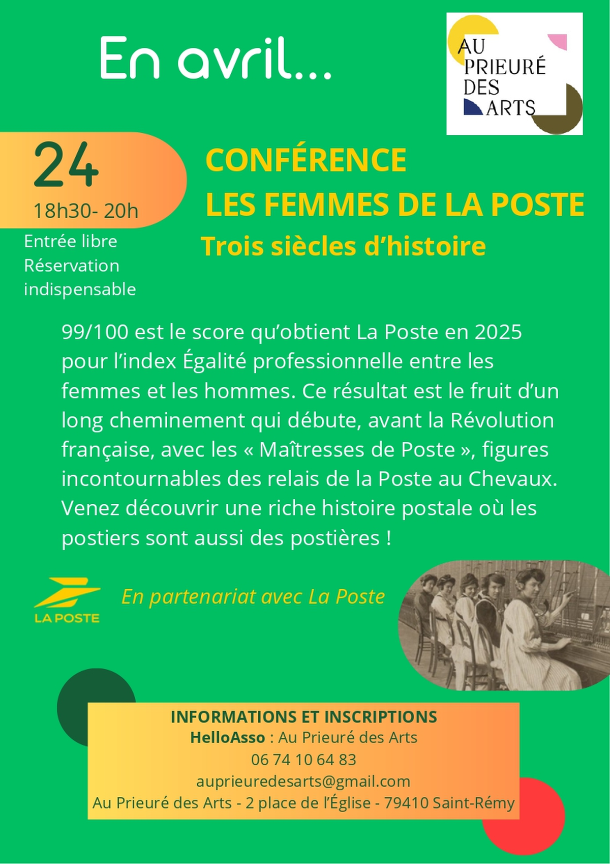 Conférence Les femmes de la poste, trois siècles d'histoire au Prieuré des Arts à Saint-Rémy