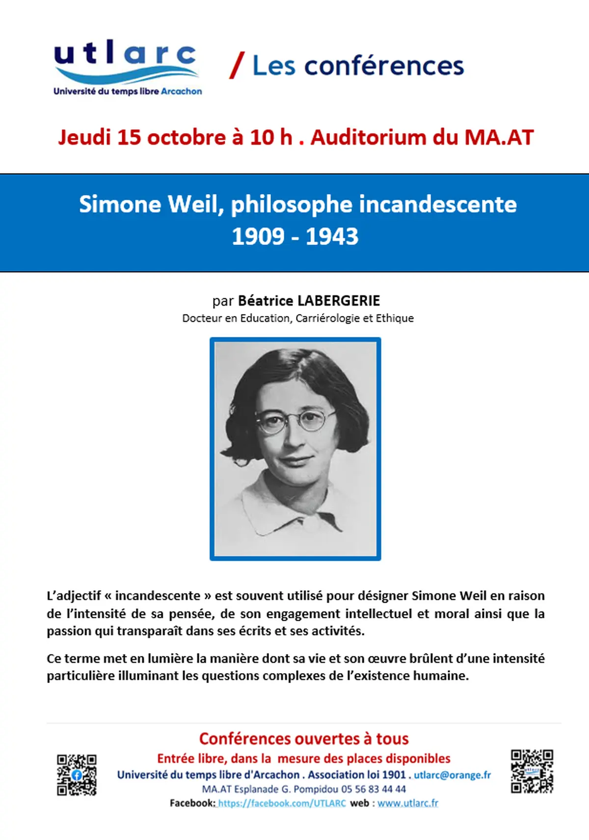 Conférence : Simone Weil, philosophe incandescente
