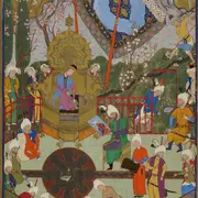 Conférence, Une miniature persane : Shapur montre le portrait de Khosrow à Shirin attribué à Mirza Ali à la bibliothèque