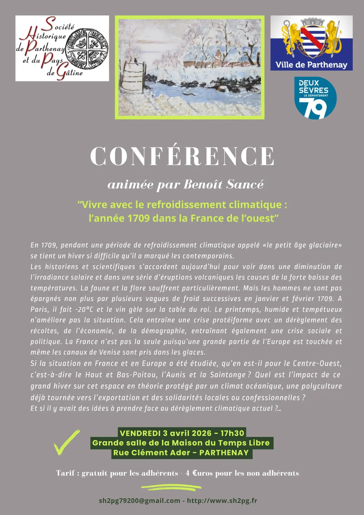 Conférence Vivre avec le refroidissement climatique : l'année 1709 dans la France de l'ouest
