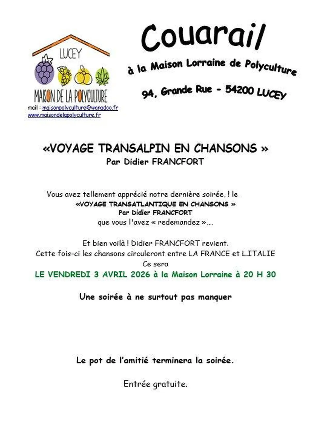 Couarail Voyage Transalpin en chansons - Maison Lorraine de la Polyculture