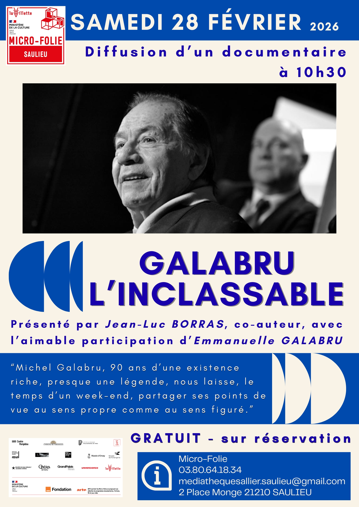 Diffusion du documentaire Galabru l'inclassable Samedi 28 février à la Micro-Folie de Saulieu