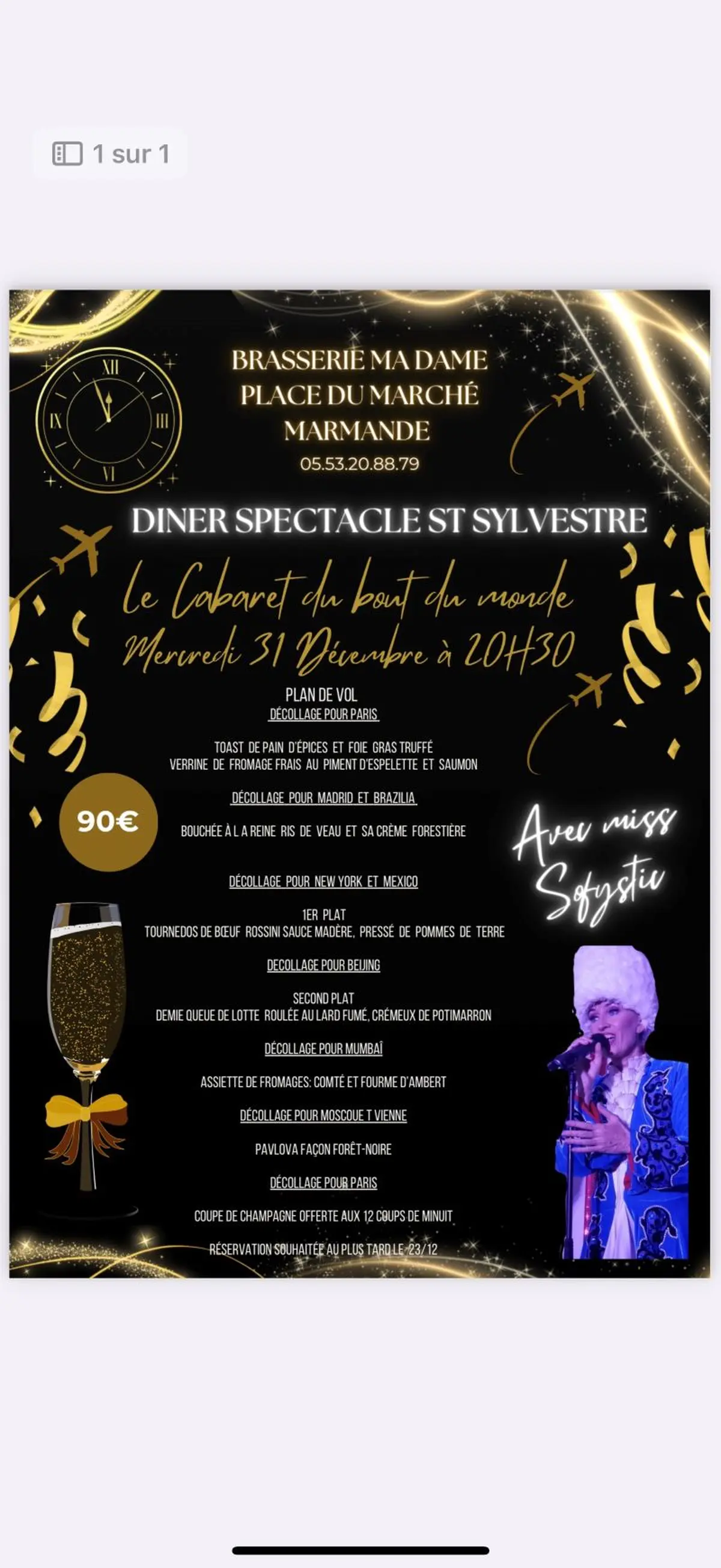 Diner spectacle Saint Sylvestre à la Brasserie Ma Dame