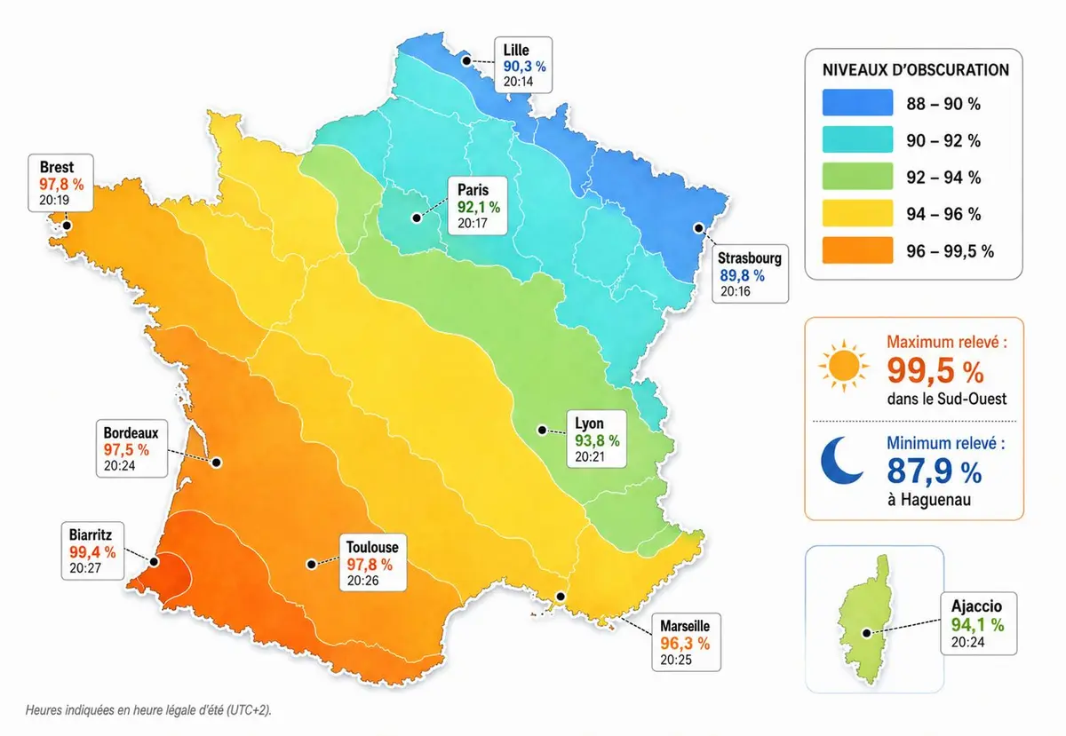 &Eacute;clipse solaire 2026 en France : carte des zone d'observation