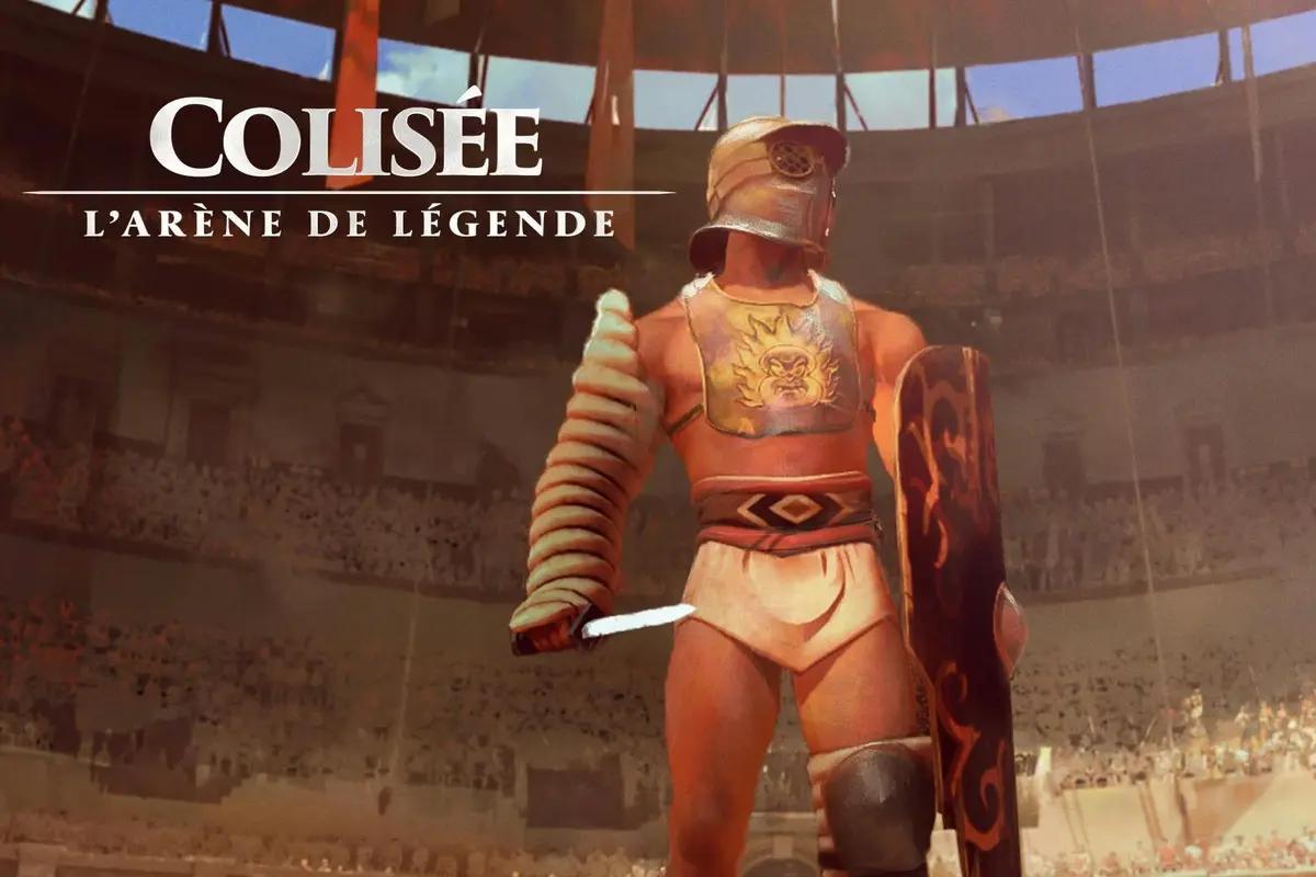 Un gladiateur en armure, tenant un bouclier et une &eacute;p&eacute;e, se tient debout dans une ar&egrave;ne devant une foule. Le texte indique : &laquo; Colis&eacute;e, ar&egrave;ne de l&eacute;gende. &raquo;