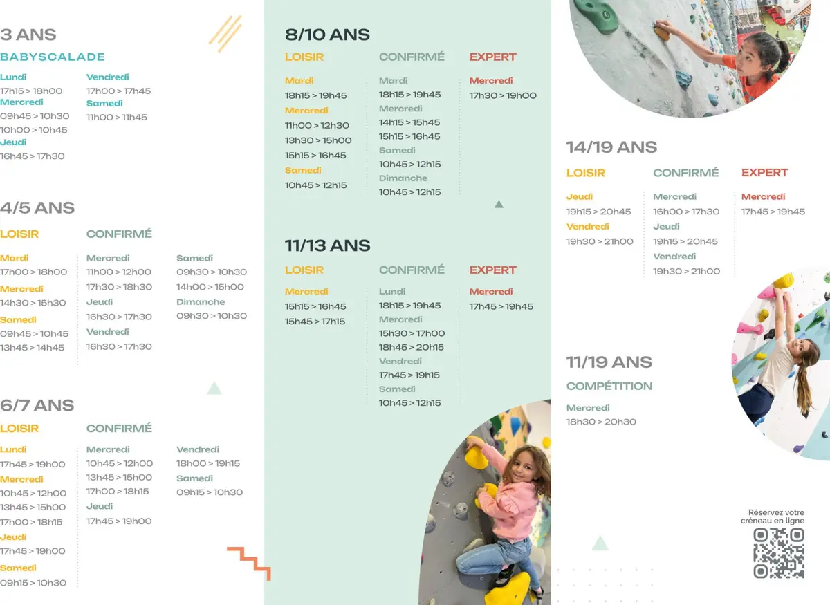 Les créneaux des cours d'escalade pour enfants (2025-2026)