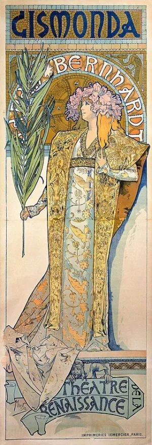 Une affiche de théâtre de Mucha, créée en 1894, où l\'on voit Sarah Bernhardt dans le rôle de Gismonda