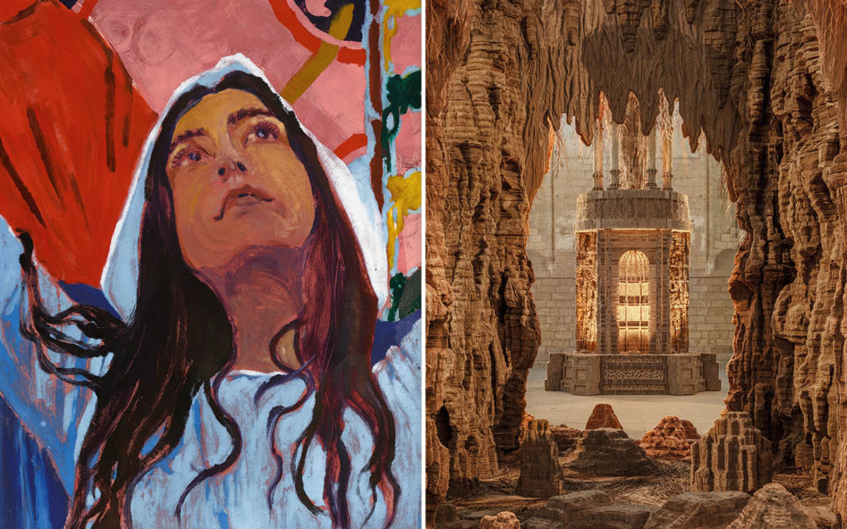 À gauche : Claire Tabouret, Maquette détail © Claire Tabouret © photo Marten Elder 2025 / À droite : Eva Jospin, vue d'exposition Palazzo, 2023, Palais des papes, Avignon © Photo Benoît Fougeirol © Adagp, Paris, 2025