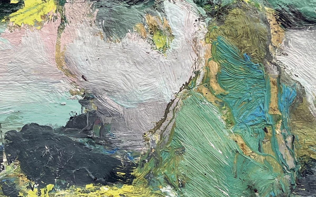 Détail recadré d’une peinture de Jean‑Yves Guionet, extrait de l’affiche de l’exposition « Réinventer le regard » — École Sensualiste.