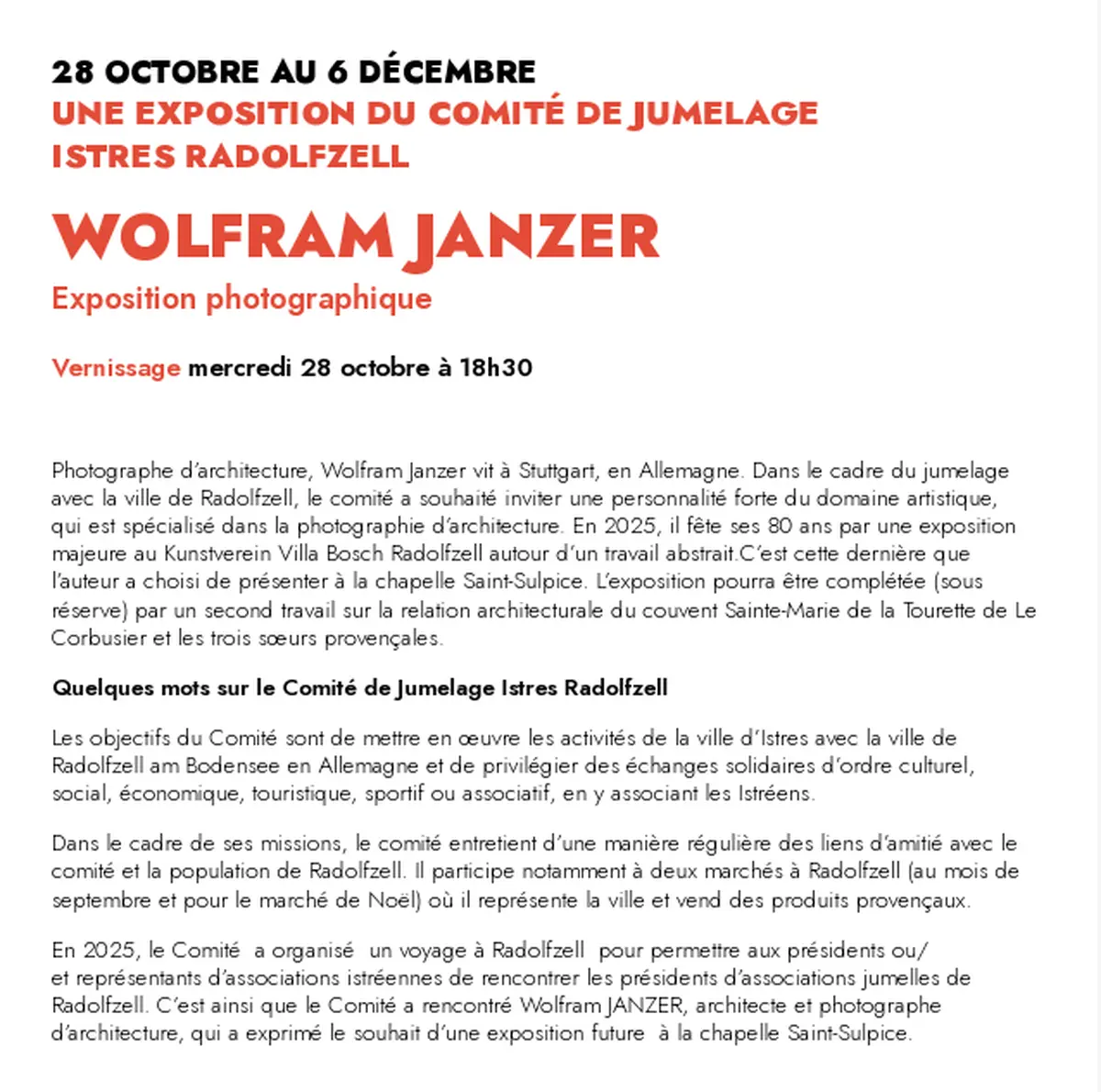 Exposition du comité de jumelage Istres / Radolfzell : exposition photographique de WOLFRAM JANZER