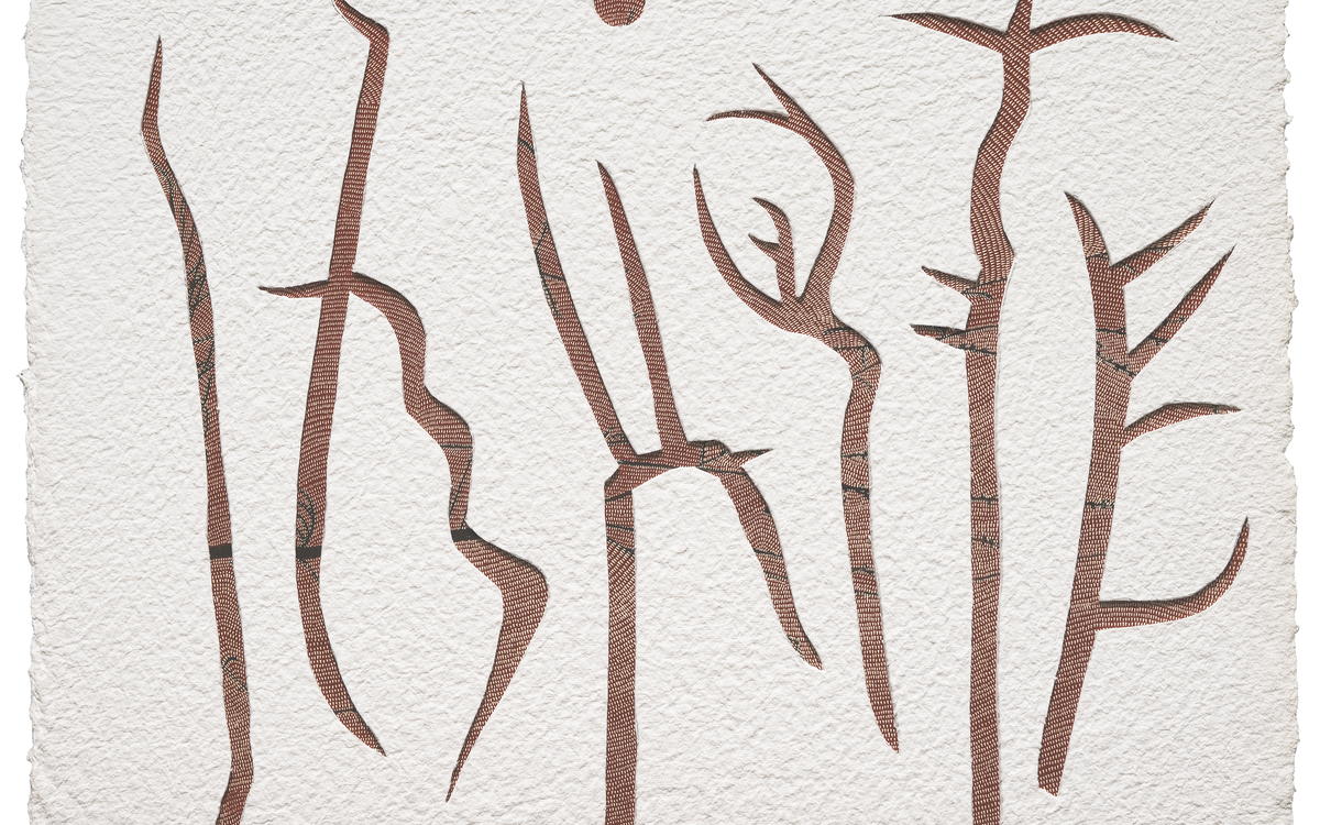 Œuvre de GW Bot, Corroboree Glyphs, 2026, Colombe paper cutout with linocut on Magnani paper,  56 x 74cm