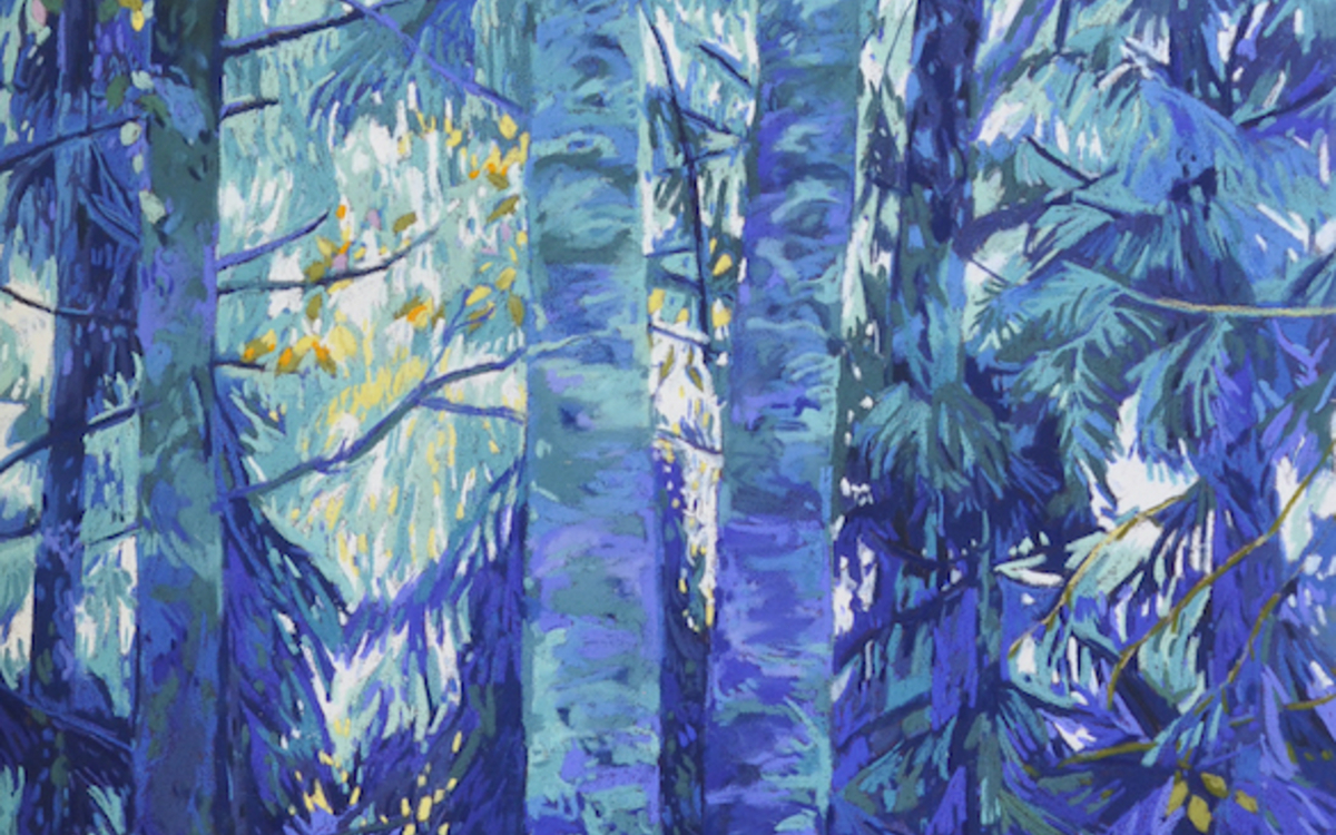 Solenn Marrel Forêt bleu électrique 2026, pastel sur papier, 100 x 50 cm