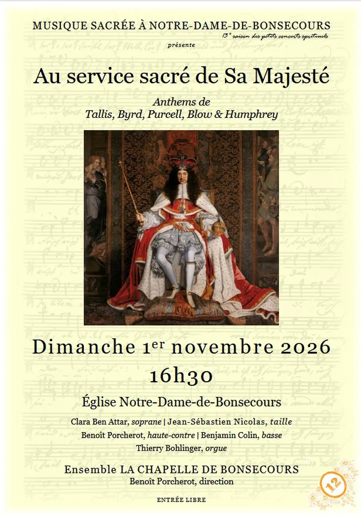 Concert de l'Ensemble La Chapelle de Bonsecours - Au service sacré de Sa Majesté