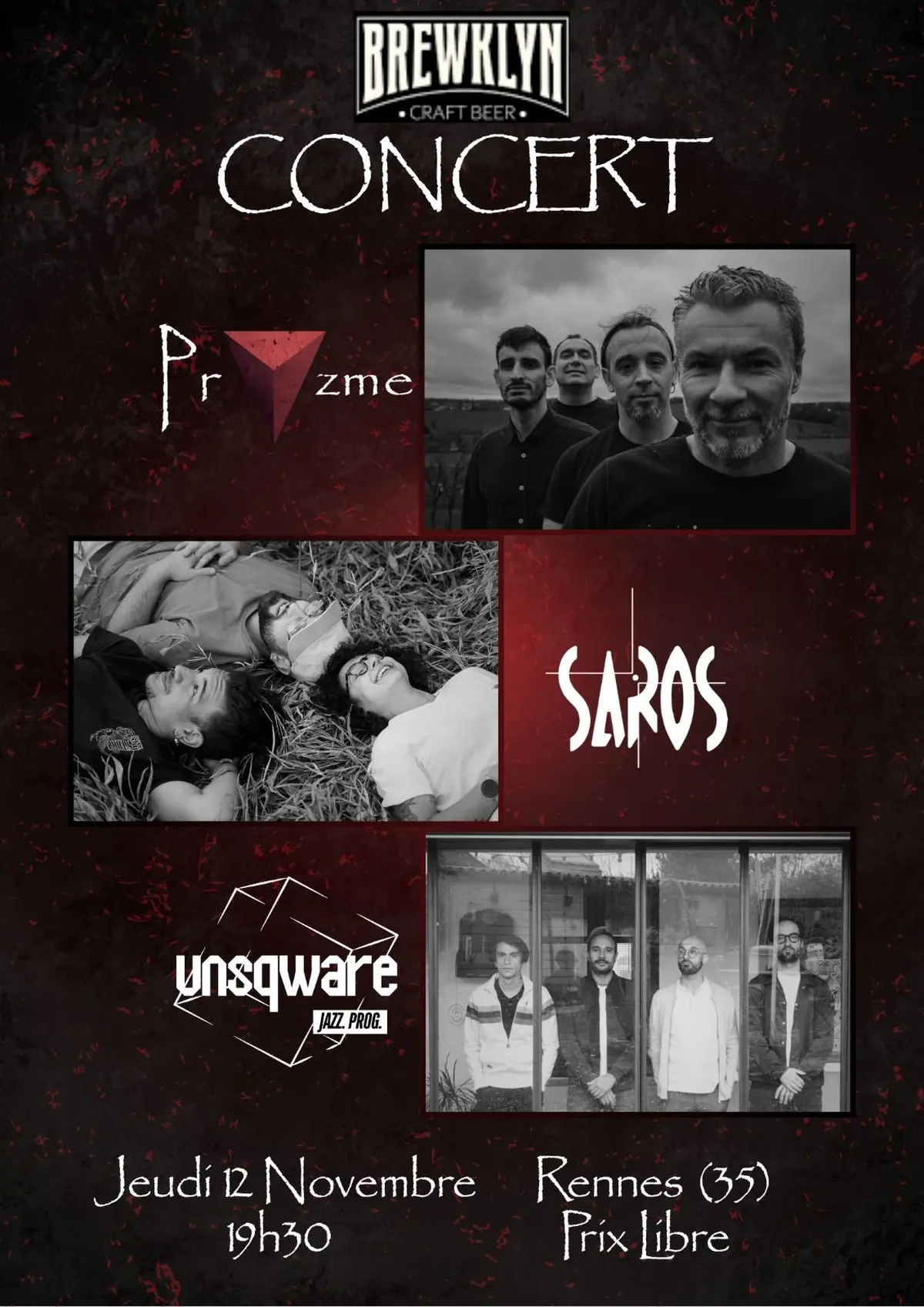 Concert de Pryzme (Rock prog) au Brewklyn avec Saros et Unsqware