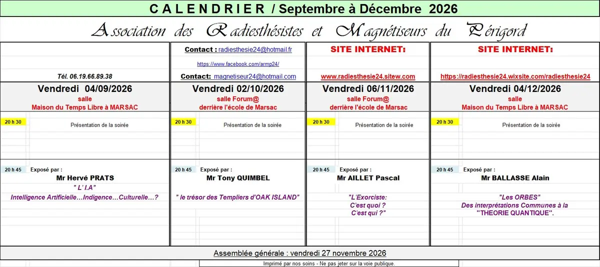 Conférence vendredi 04/09/2026 à 20h30 animée par Mr Hervé PRATS