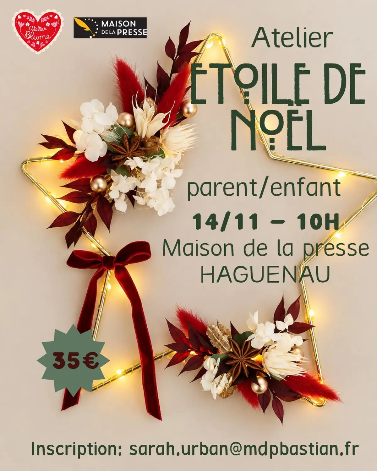 Atelier étoile de Noël illuminée à 4 mains