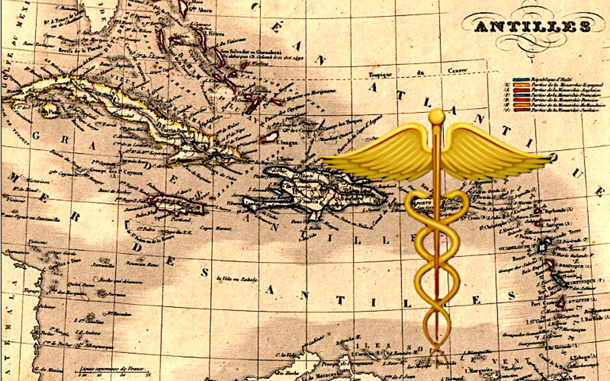 Carte ancienne des Antilles 1843 et le symbole de la médecine